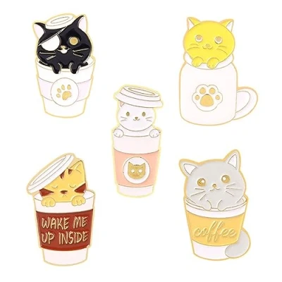 Image of Cup Cats Enamel Pins Cute Cartoon Animal Brooches Lapel Badges Funny Metal Badge Pin Kitty Coffee Cups for Cat Lovers Backpacks Clothes