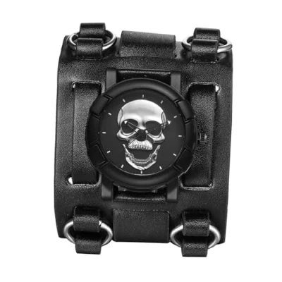 Image of JewelryWe Men&#039;s Halloween Leather Watch: Black Vintage Sport Wide Band Analog Quartz Punk Biker Skull Casual Watch