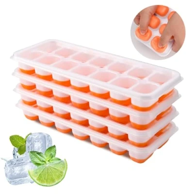 Image of Ice Cube Tray, 4 Pack Silicone Tray with Lid, Easy Release BPA Free Trays for Freezer, Moulds Whiskey, Cocktails, Drinks(Orange)