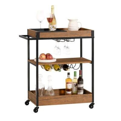 Image of SoBuy 3 Tiers Kitchen Trolley Serving with Wine Rack and Removable Tray,SVW19 N