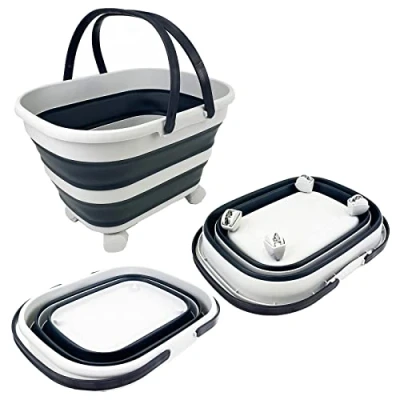 Image of SAMMART 17L Collapsible Basket with Handle Portable Outdoor Picnic Basket/Crater and 360˚ rotating wheels Foldable Shopping Bag Space Saving Storage Container (Grey/Slate Grey, 1)