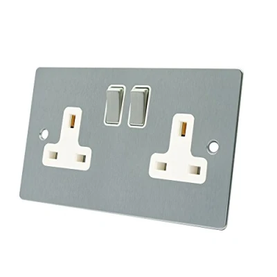 Image of AET FSC2GSOCWS Satin Chrome Flat 2 Gang White Insert Metal Rocker Switches 13 Amp Double Plug Socket, 240 V