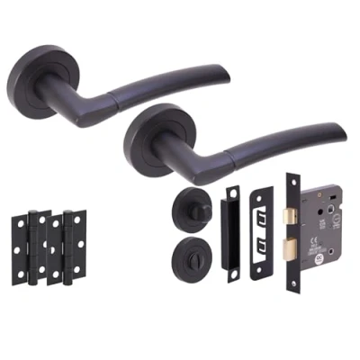 Image of HANDLEZONE® Nemo Door Handles on Rose Bathroom Lock Pack with Ball Bearing Hinges Black Matt