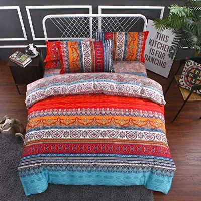 Image of Blue Red Purple Green Moroccan Bohemian Duvet Cover Set, Indian Ethnic Exotic Bedding Set with Pillow Case, Butterfly Boy Girl Mandala (Bohemia Stripe, Single 135x200cm)