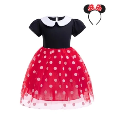 Image of Lito Angels Minnie Fancy Dress Up Costume with Mouse Ears Headband Mini Polka Dots Tulle Skirt Outfit for Baby Girls Age 18 24 Months, Red (Tag Number 90)