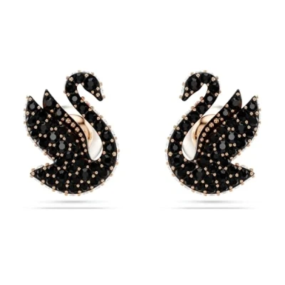 Image of Swarovski Swan stud earrings, Swan, Black, Rose gold tone plated