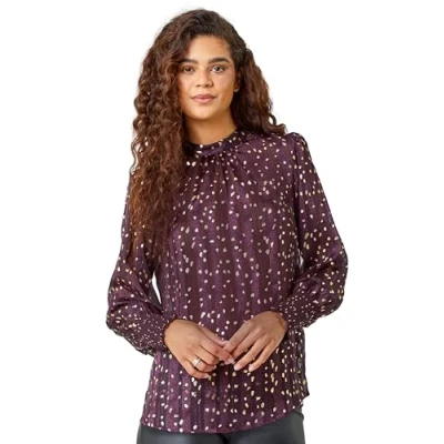 Image of Roman Metallic Animal Spot Print Chiffon Top for Women UK Ladies Autumn Everyday Winter Holiday High Neckline Comfy Long Sleeve Soft Shirred Cuffs Blouse Dinner Out Shirts Plum Size 20