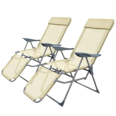 Image of Outsunny Outdoor Sun Lounger Set of 2, Reclining Garden Chairs with Adjustable Footrest, 2 Pieces Recliner 5 level Backrest, Headrest, Beige