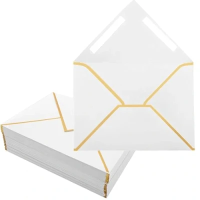 Image of Pack of 50 White Envelopes, 16.5 x 12 cm Invitation 4 6 Inches, Self Adhesive V Flap, Foil Edge, Luxury Shipping Envelopes for Wedding, Invitations, Baby Shower, Birthday
