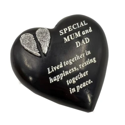 Image of Special Mum and Dad Angel Wings Memorial Black Heart Grave Plaque Graveside Ornament Decoration