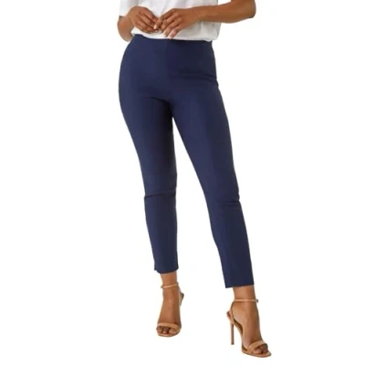 Image of Roman Originals Stretch Trousers for Women UK Ladies High Waisted Pants Pull On Leggings Smart Slimming Office Work Fitted Tailored Tapered Regular &amp; Plus Sizes Petite Navy (26 in) Size 16