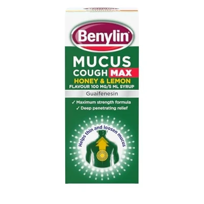 Image of Benylin Mucus Cough Max Honey &amp; Lemon Flavour Helps Reduce Intensity from Day 1 Medicine for Adults 100 mg/5 ml Syrup, 300 (Pack of 1)