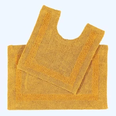 Image of HOMESCAPES Bath Mat Set, Luxury 1600gsm Extra Soft 100% Cotton, Reversible Bathroom Sets 2 Piece, Washable, Non Slip, Super Absorbent, Quick Dry, Mustard Rug Set: &amp; Toilet