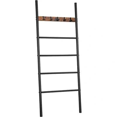Image of HOOBRO Towel Rack, Blanket Ladder, Leaning Ladder Bathroom with 5 Crossbars and Hooks, Strong Storage Function, Metal Frame, Stable, Industrial, Rustic Brown Black EBF60CJ01