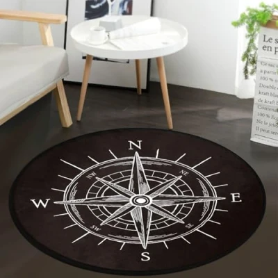 Image of keepcute Vintage Wind Rose Compass Black Round Area Rug for Bedroom Living Room Study Playing,Non Slip Floor Mat Carpet,5 ft