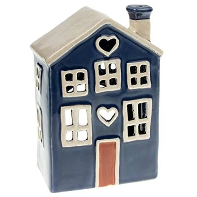 Image of Village Pottery Navy Blue House Heart Tealight Holder