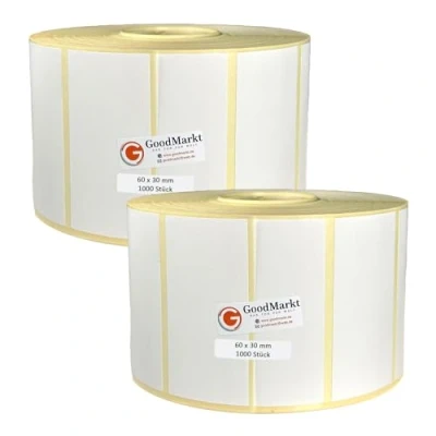 Image of GoodMarkt Thermal Direct Labels self Adhesive 60x30 mm 2 Rolls, White, 2000 Compatible with Brother, Zebra, Phomemo House Labels, Barcode jam