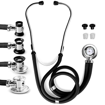 Image of Primacare DS 9298 Black Medical Clock Stethoscope with Analog Watch, 22&quot; Tubing Convertible Regular Sprague Rappaport Stethoscopes, First Aid Emergency Essential Kits Headset