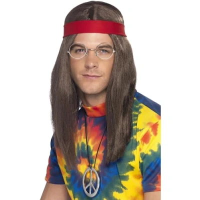 Image of Smiffys Hippie Man Kit, Brown with Wig, Specs, Medallion &amp; Headband, 1960&#039;s Groovy Fancy Dress, Adult Dress Up Accessories