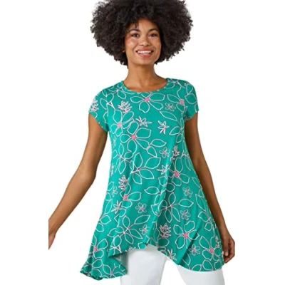 Image of Roman Womens Floral Hanky Hem Tunic Top Green Viscose Size 10 UK
