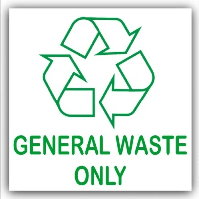 Image of General Waste Only Sticker Recycling Bin Sign Self Adhesive Recycle Logo Environment Label Green on White 100mm