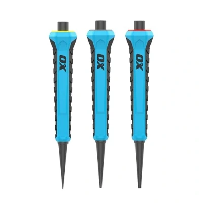 Image of OX Pro Nail Punch 3 Pack Set (0.8mm, 1.6mm, 2.4mm), Forged Hardened Steel, Non Slip Handles, Hexagonal Anti Roll Design for Stability, Colour Coded Centre