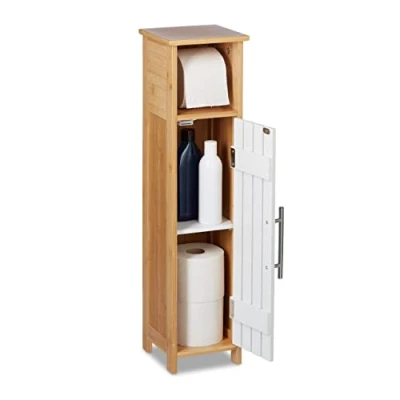Image of Relaxdays Bathroom Cabinet, Toilet Roll Holder, Free standing, Wooden, Storage, Cupboard, HxWxD: 71x18x20cm, Brown/White, Bamboo, Fibreboard, 71 x 18 20 cm