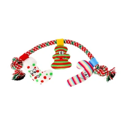 Image of DINGO Rope Dog Toy with 3 Plush Socks and Sewn in Squeaker, Funny for Training, Tug of War, Fetch, Play, 34 cm Long, Multicolor 17478