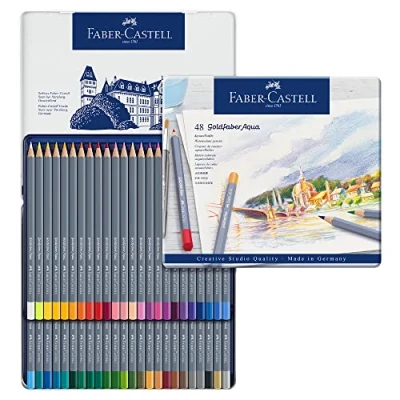 Image of Faber Castell Creative Studio Goldfaber Aqua Watercolour Pencil, Multicoloured (Multicoloured) Tin Of 48 Pencils, For Art, Craft, Drawing, Sketching, Home, School, University, Colouring