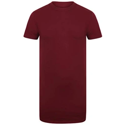 Image of Mens Longline T Shirts Short Sleeve Cotton Plain Long Designer Tee Tops (Burgundy, S)