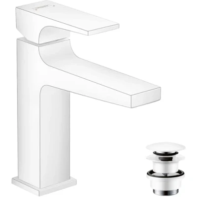 Image of Hansgrohe Metropol Single Lever Basin Mixer 110 With Handle And Push Open Waste, Matt White, 32507700