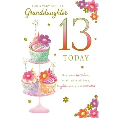 Image of Paper Rose Special Granddaughter 13th Birthday Card Age 13 Cupcakes and Flowers with Foil Details Eco Friendly Recyclable