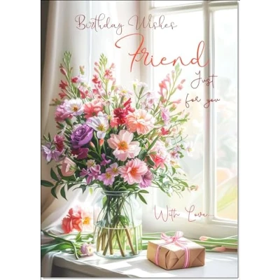 Image of doodlecards Friend Female Birthday Card Flower Bouquet and present Medium Size with Plain Envelope