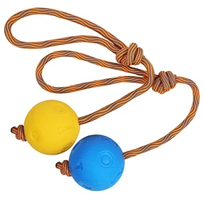 Image of Weeyuu Rope Dog Toy, 2 Pack Ball on a Toys Durable Elastic Solid Rubber Balls for Fetch, Catch, Throw and Tug of War (5 cm, Blue + Yellow)
