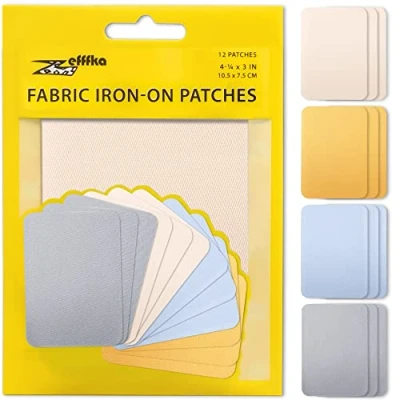 Image of ZEFFFKA Fabric Iron on Patches Inside &amp; Outside Strongest Glue 100% Cotton Blue Gray Beige Brown Repair Decorating Kit 12 Pieces Size 3&quot; by 4 1/4&quot; (7.5 cm x 10.5 cm)