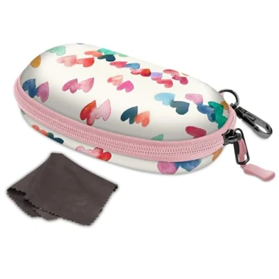 Image of Fintie Sunglasses Case with Carabiner, Hard Shell Shockproof Sport Glasses Travel Zipper Eyeglasses Case, Raining Hearts, Medium