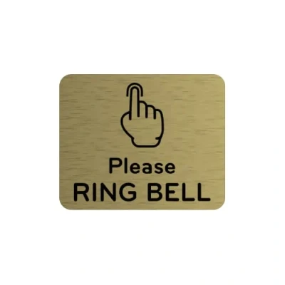 Image of Please Ring Bell Sign Adhesive Sticker or Door Notice, Engraved with Universal Icon Symbol and Text (Size 12cm x 10cm) (Gold) UK based.