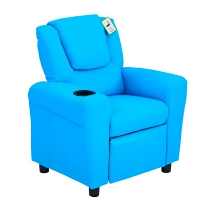 Image of HOMCOM Kids Recliner, Armchair, PU Leather Chair, Toddler Armchair with Adjustable Backrest, Footrest, Padded Headrest, Cup Holder, Blue