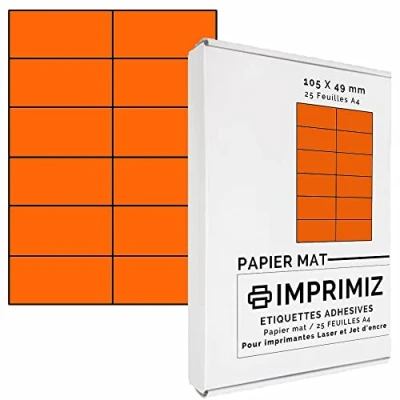 Image of 300 Self Adhesive Fluorescent Orange Labels 105 x 49.5 mm 12 per Sheet 25 Sheets of A4 Coloured Paper for Inkjet and Laser Printing