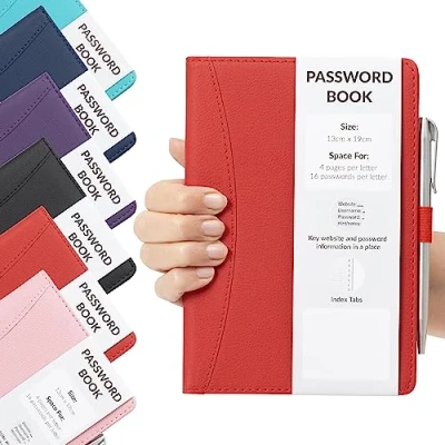 Image of Password Book Alphabetical with Tabs A Z Index Hardback for Internet Website Address Contacts Organizer Pen (Red)