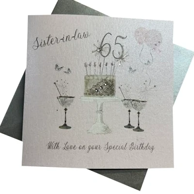 Image of WHITE COTTON CARDS Happy 65th Birthday Card Sister in Law Champagne Glasses Pink Roses SS42 SIL65, 16cm x
