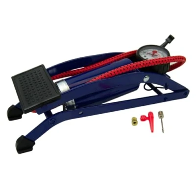 Image of Sakura Single Cylinder Foot Pump PG270 52 cm Hose, Thumb Lock Connector, Pressure Gauge, 3 Valve Adaptors For Schrader Valves Only