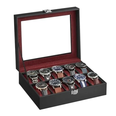 Image of SONGMICS Watch Box with 10 Slots, Case Glass Lid, Display Removable Pillows, Metal Clasp, Gift Idea, Black Synthetic Leather, Wine Red Lining JWB010R01