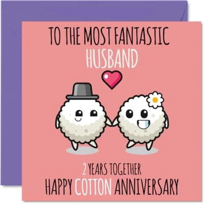 Image of Cute Cotton Anniversary Card for Husband 2 Years Together Happy 2nd Wedding Cards from Wife, 145mm x Greeting Second Anniversaries
