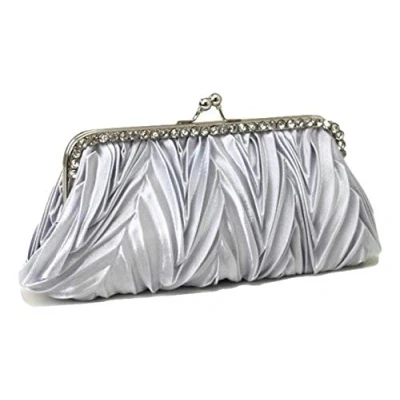 Image of Vintage Soft Satin Wave Pleated Crystal Evening Clutch Handbag Wedding Bags (Silver)