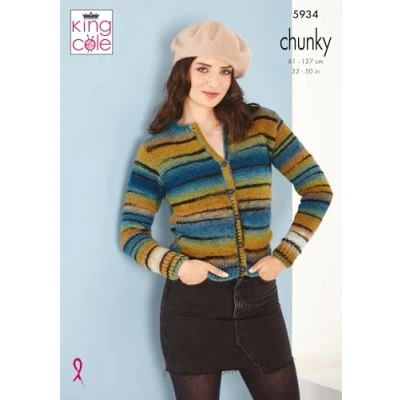 Image of King Cole Ladies Chunky Knitting Pattern Round or V Neck Cardigans (5934)