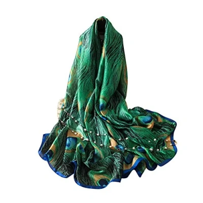 Image of ZHOUBA Fashion Peacock Feather Scarves Women Silk Cover Up Scarf Beach Travel Shawl Green
