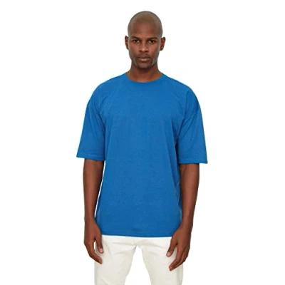 Image of TRENDYOL Men&#039;s Male Basic Bike Collar Oversized Short Sleeve t Shirt, Royal Blue, XS