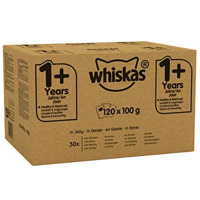 Image of Whiskas Wet Pouches, Delicious and Tasty Poultry Selection in Jelly, Suitable for Adult Cats Aged 1+, MegaPack (120 x 100 g)