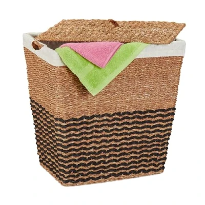 Image of Relaxdays Basket, with Lid, Cotton Laundry Bin, 87L, HxWxD: 50x50x40 cm, Storage Box, Seagrass, Natural/Beige, Plant fibre, 50 x 40 cm